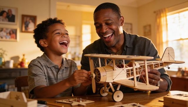 Father and son assembling wooden biplane model, laughing at sunlit dining table