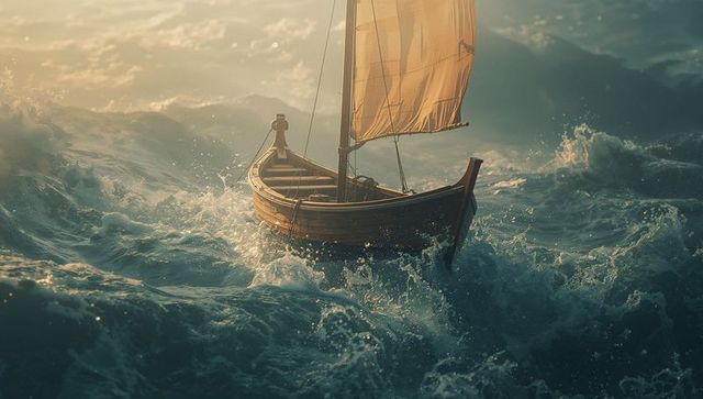 Wooden Sailboat Navigating Choppy Ocean Waves