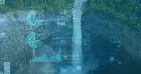Waterfall Merging with Data Visualizations Over Forest Canyon