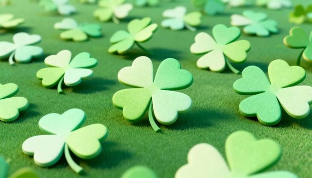 Four-leaf clovers resting on textured green felt for st patrick luck and spring design