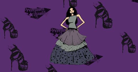 Trendy fashion model and footwear illustrations on purple backdrop