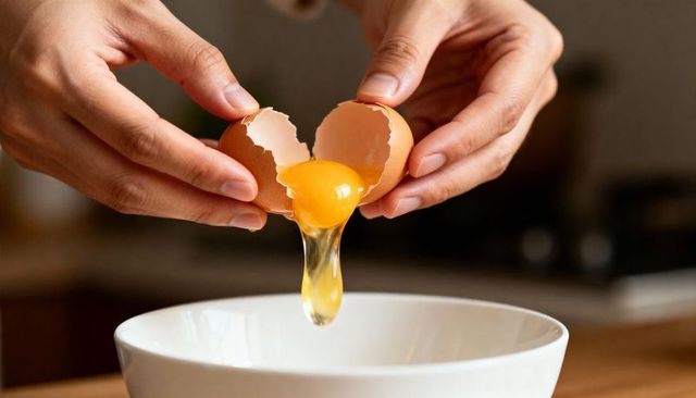 Cracking brown egg and pouring golden yolk into white bowl, closeup kitchen hands