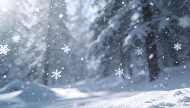 Drifting snowflakes over snowy conifer forest with soft bokeh light and serene depth