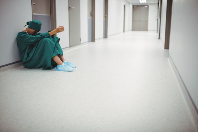 Female surgeon sitting on the floor of a hospital corridor, appearing stressed and exhausted. Useful for illustrating themes of healthcare worker burnout, mental health challenges in the medical field, and the emotional toll of working in healthcare. Can be used in articles, blogs, and presentations about healthcare, mental health, and workplace stress.