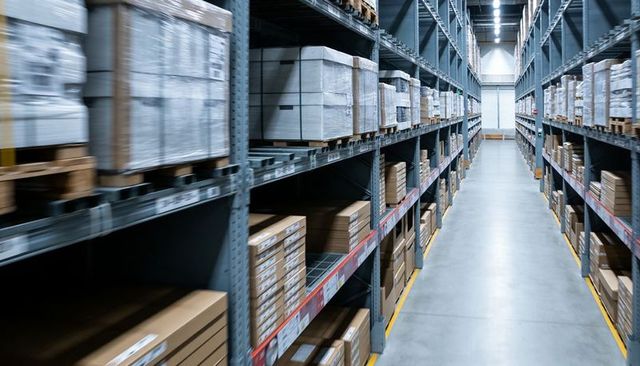 Organizing inventory in modern warehouse aisle with pallet racks and stacked boxes