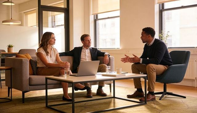 Business team discussing strategy in modern office lounge with laptop and notebook