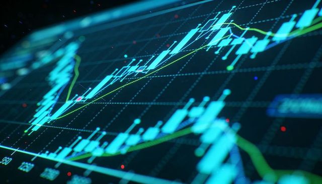 Neon candlestick chart showing uptrend with moving average line and glowing data markers
