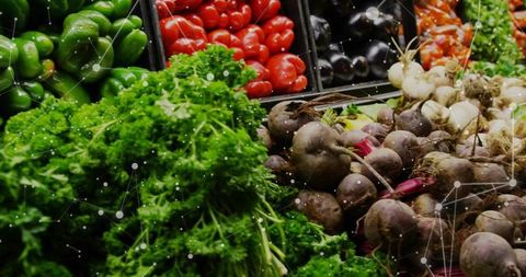 Displaying Fresh Market Produce: Curly Greens, Beets, Peppers and Eggplants