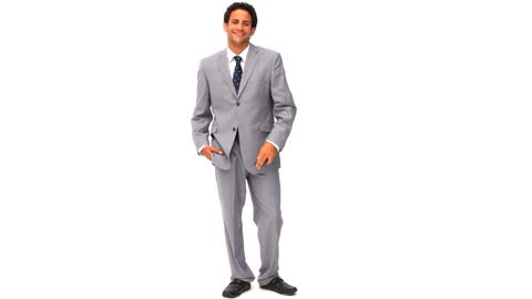Confident Businessman in Gray Suit Smiling with Hands in Pocket