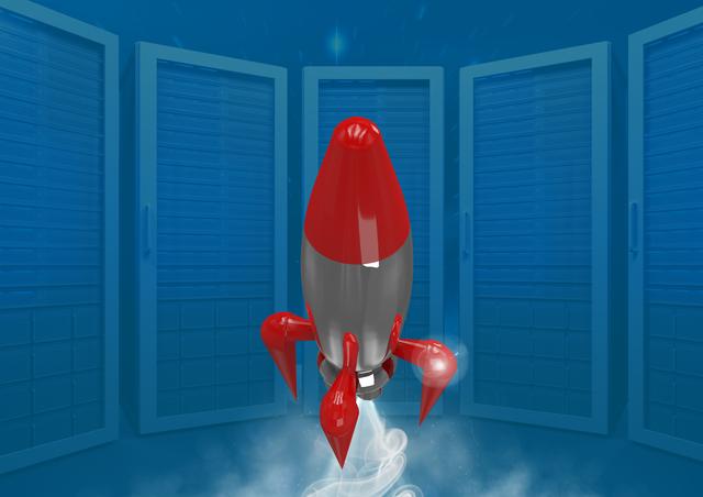 Image depicts a 3D rocket launching among large server racks. This visual can be used in technology blogs, web hosting advertisements, cloud computing promotions, data center brochures, or any materials emphasizing innovation and tech advancement.