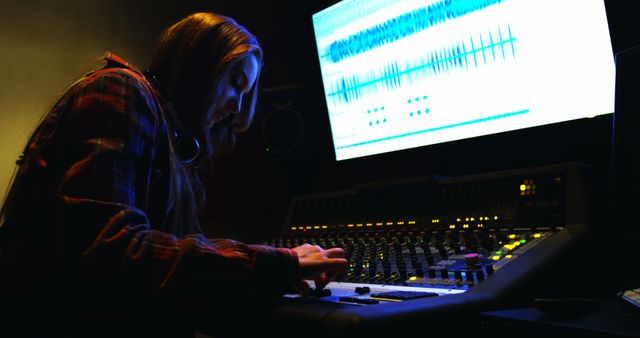 Female audio engineer mixes audio tracks using a mixing console in a dimly lit recording studio. Ideal for articles on music production, professional recording studios, sound engineering careers, and technological advancements in audio editing.