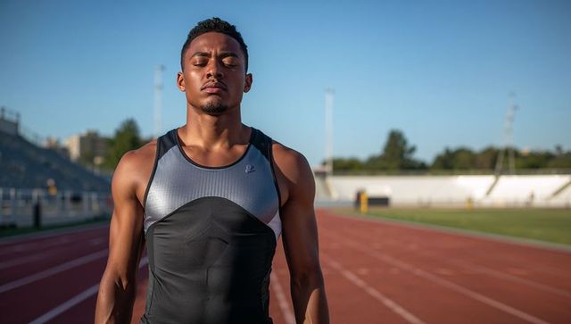 Track athlete centering breath before sprint on sunlit stadium running track