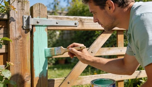 Man painting wooden garden gate with turquoise paint DIY backyard makeover and maintenance