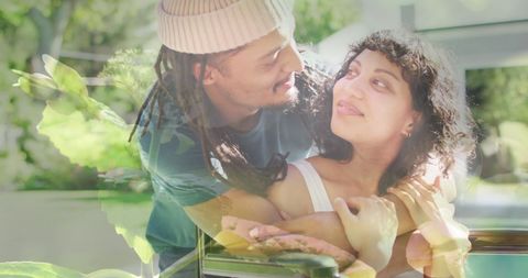 Multicultural couple sharing moment with nature background