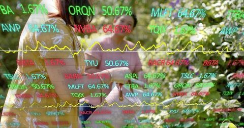 Two women talking in sunlit garden with financial ticker overlay, casual summer fashion