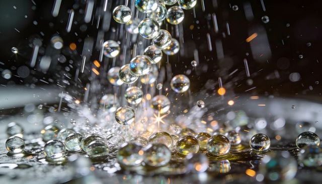 Crystal glass beads falling on wet reflective surface creating sparkling splash and bokeh