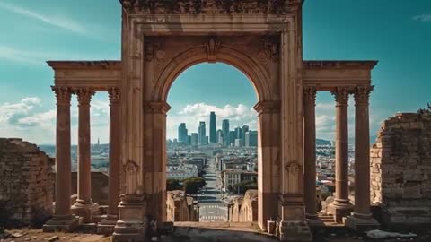 Framing ancient colonnade with modern skyline from elevated ruins drone panorama