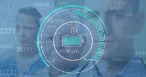 Electric car battery gauge overlay on medical professional background