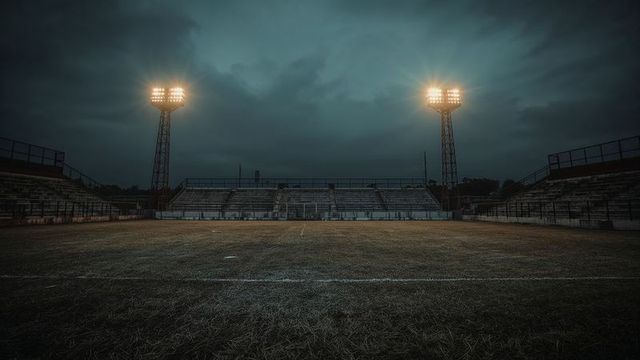 Floodlit Football Stadium under Dramatic Dusk Skies