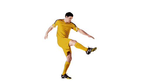 Caucasian male footballer kicking on transparent background