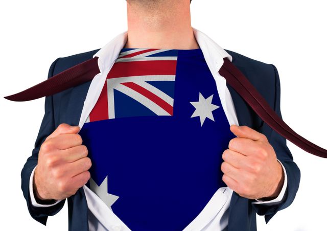 Composition of caucasian man with flag of australia. Patriotism and template backgrounds concept digitally generated image.