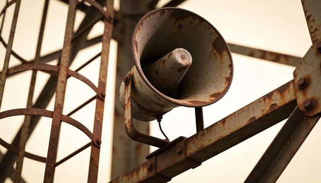 Rusty industrial loudspeaker on metal tower with ladder cage and corroded brackets