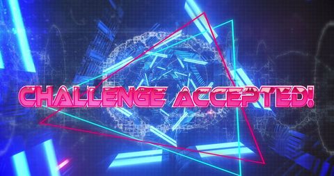 Challenge accepted banner with neon glowing tunnel backdrop
