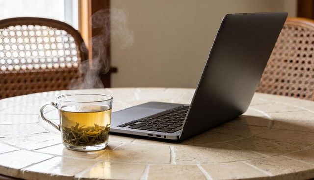 Steaming glass cup of green tea beside dark gray laptop on sunlit tiled breakfast table