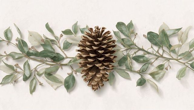 Flatlay rustic pine cone centered on pale background with eucalyptus for minimal decor