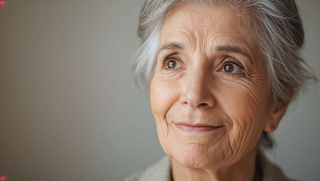 Gentle smiling senior woman with silver hair closeup headshot for wellness and lifestyle