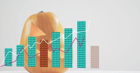 Carved pumpkin combining infographic bar chart and trend lines on minimalist background