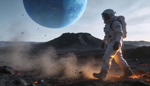 Walking Astronaut Exploring Volcanic Alien Landscape with Blue Planet Horizon and Cratered Ridge