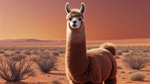 Majestic brown llama standing in serene desert landscape during sunset