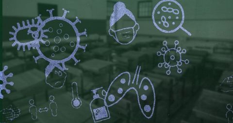 COVID-19 Icons Overlaying Empty Classroom Concept