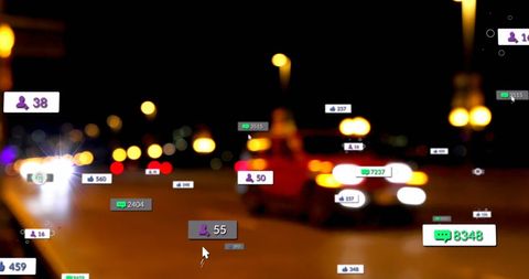 Social media icons overlaying abstract city lights background