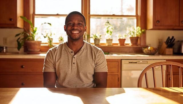 Smiling man sitting at sunlit wooden kitchen table with potted plants and warm glow