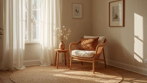 Soaking rattan armchair creating cozy sunlit reading nook with rust cushion and jute rug