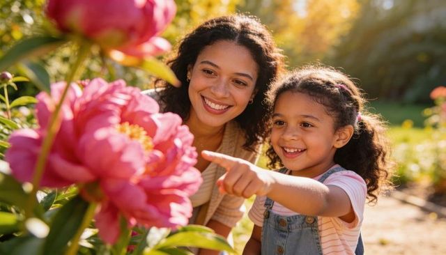 Mother and daughter discovering pink peonies in sunlit garden sharing joyful spring moment