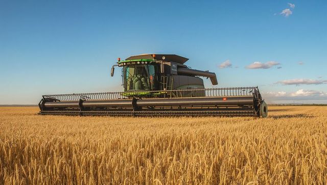 Modern green combine harvesting golden wheat field with wide header in sunlit rural landscape
