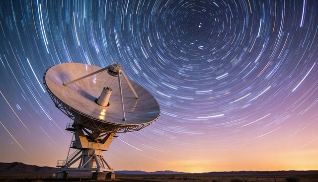 Parabolic radio telescope dish capturing vivid star trails over desert night timelapse
