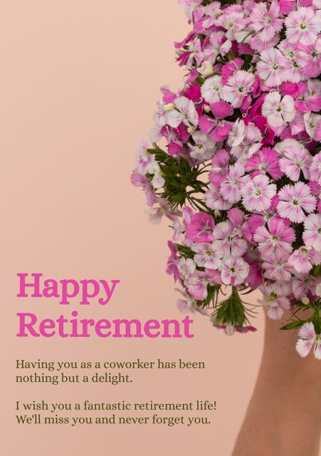 This image showcases a beautiful bouquet of pink flowers with heartfelt sentiments for a coworker's retirement. Perfect for greeting cards, social media posts, or email templates to celebrate someone's retirement. The elegant design also makes it adaptable for Mother's Day, birthdays, or other special celebrations.