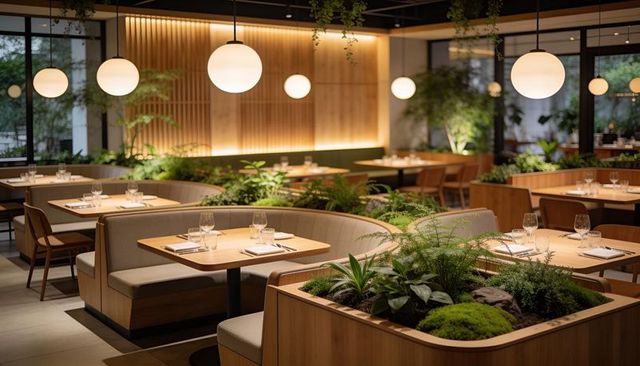 Curved wooden booth with integrated planter in modern biophilic restaurant interior