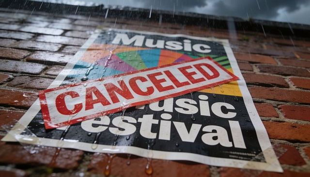 Rain-soaked music festival poster showing bold canceled stamp on wet brick wall