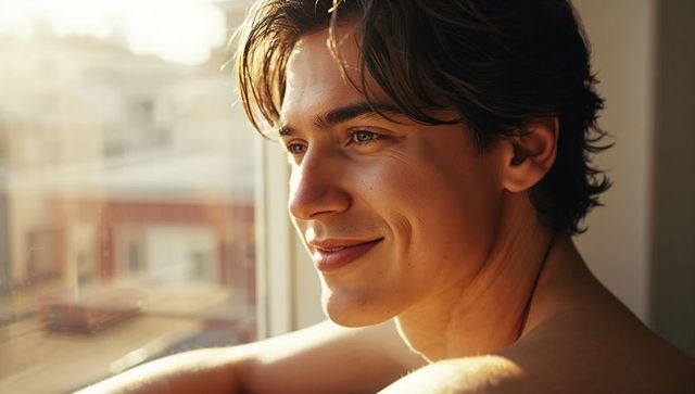 Young shirtless man gazing out window at golden hour with gentle smile and dimples