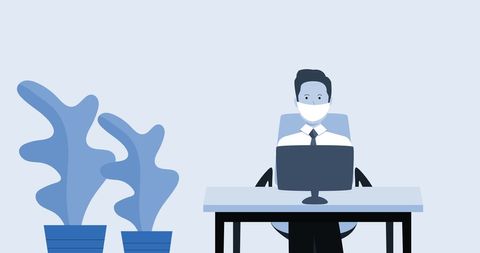 Illustration shows individual adhering to pandemic guidelines by wearing face mask while engaging in work activities on a computer. Plants add greenery, providing serene work atmosphere. Ideal for illustrating digital news articles, company handbooks, remote work tips, or COVID-19 office guidelines.