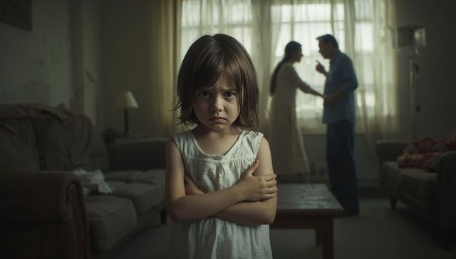 Child Witnessing Parental Conflict in Dimly Lit Living Room