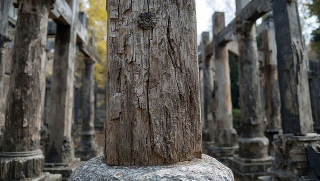 Weathered wooden column showing deep cracks and washer on stone base among ancient ruins