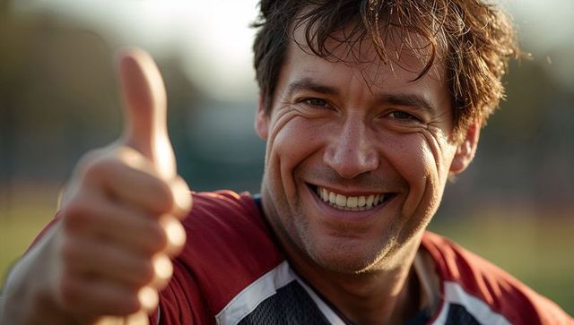 Smiling male athlete giving thumbs-up, closeup portrait on sunlit sports field