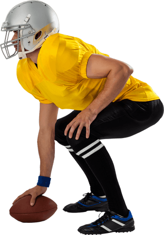 Side view of football player preparing for snap on transparent background