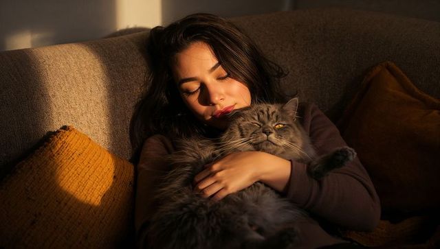 Sunlit woman cuddling large gray longhair cat on cozy sofa during golden hour